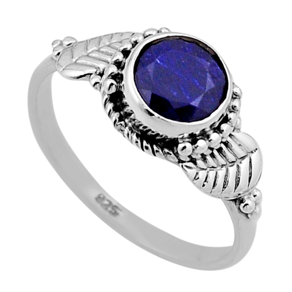 925 silver 2.55cts faceted natural blue sapphire round leaf ring size 8 n47475