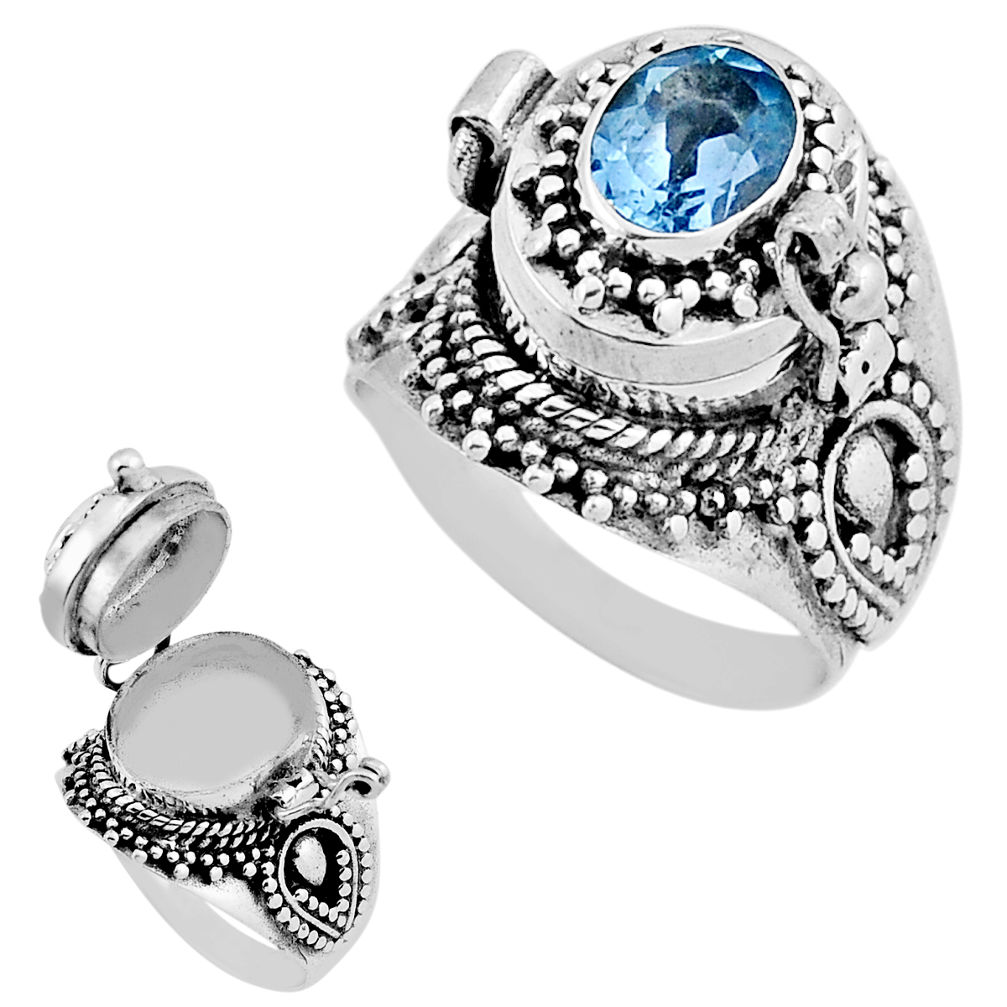 925 silver 2.06cts faceted natural blue topaz oval poison box ring size 7 n39147