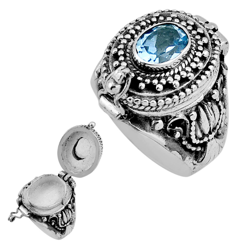 925 silver 1.96cts faceted natural blue topaz oval poison box ring size 7 n39150