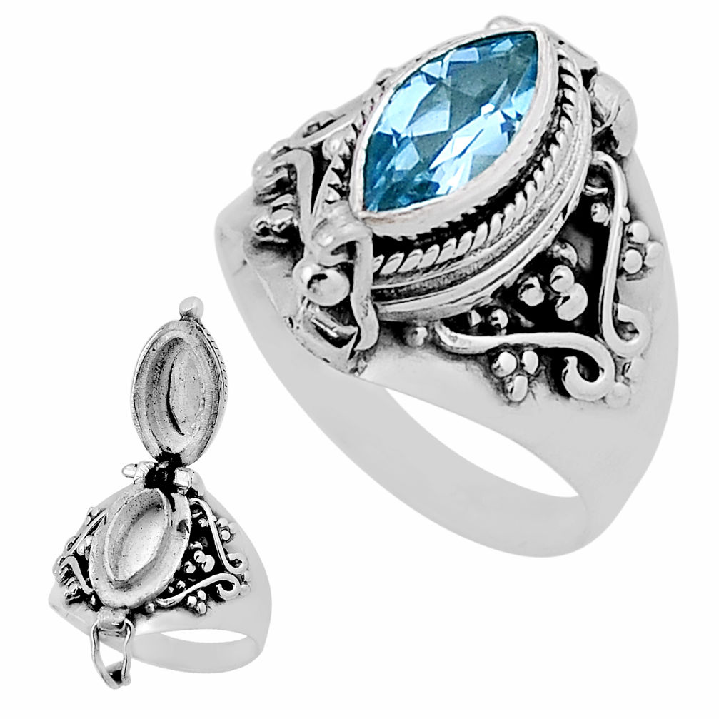 925 silver 2.17cts faceted natural blue topaz poison box ring size 6.5 n40900