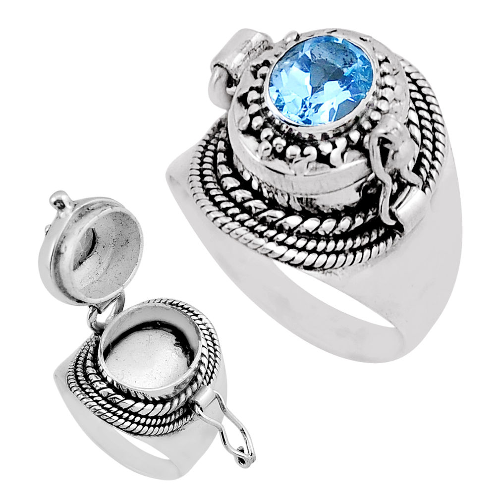 925 silver 2.17cts faceted natural blue topaz poison box ring size 7.5 n43753