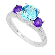 925 silver 3.36cts faceted natural blue topaz round amethyst ring size 7 u35279