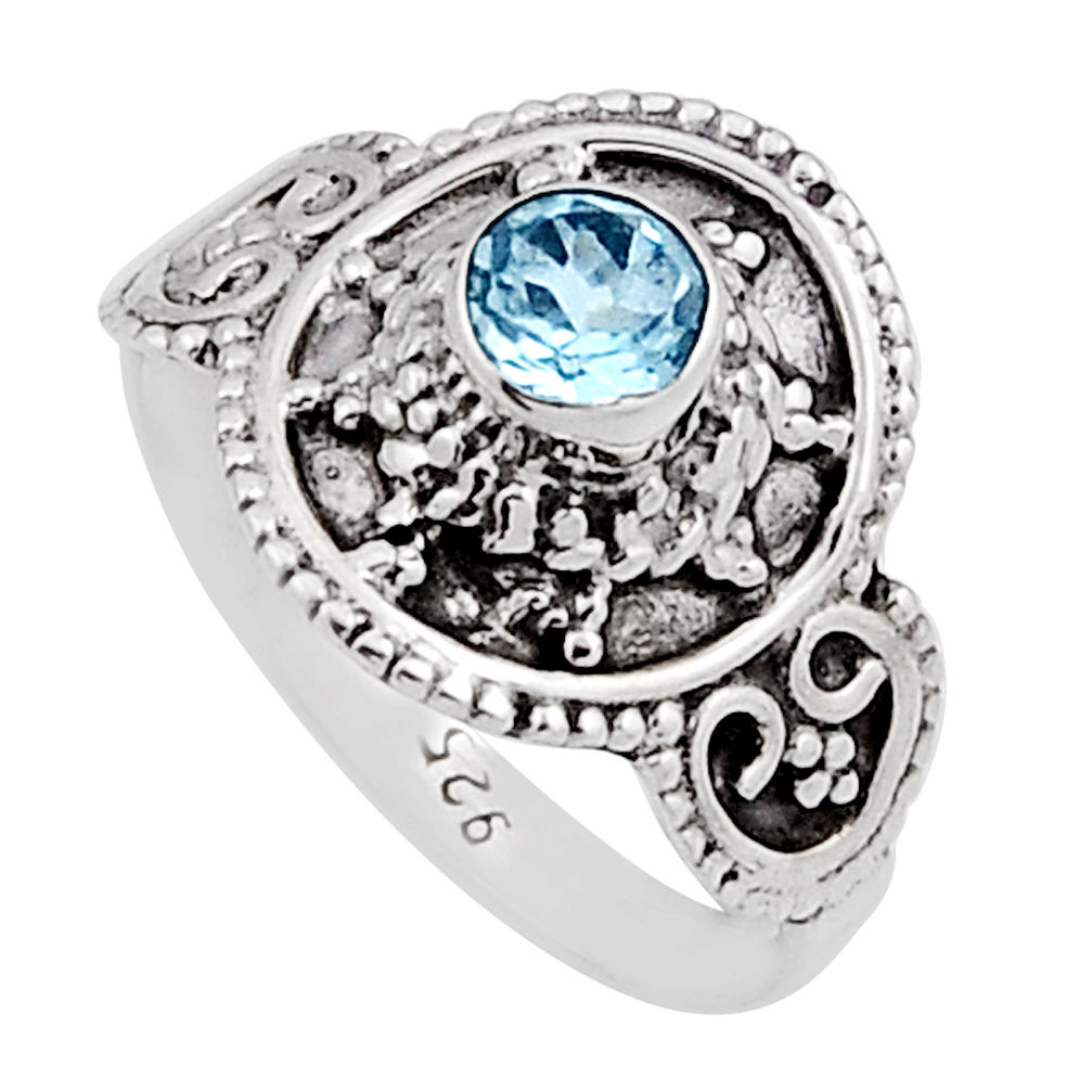 925 silver 0.72cts faceted natural blue topaz round shape ring size 7.5 n19132