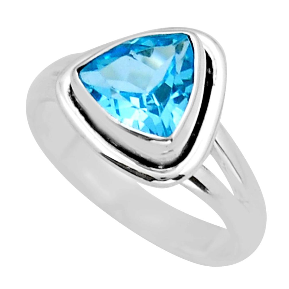 925 silver 3.17cts faceted natural blue topaz trillion ring size 6.5 y16360