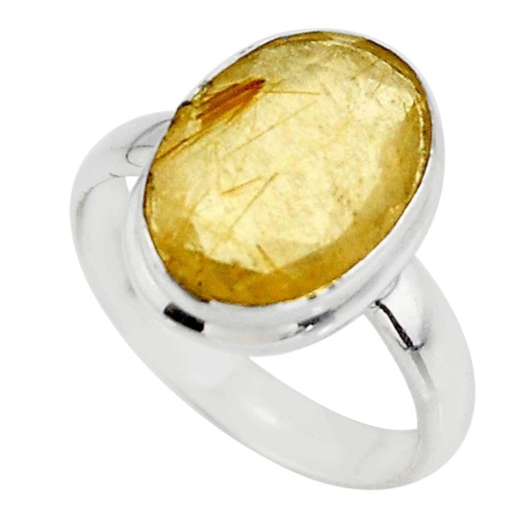 925 silver 6.39cts faceted natural golden rutile oval ring size 7.5 r51315