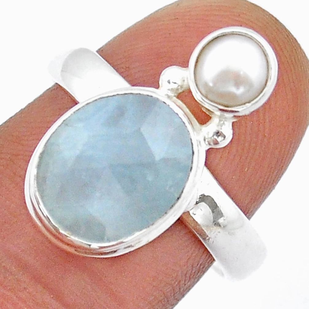 925 silver 6.04cts faceted natural green aquamarine pearl ring size 8 u90970