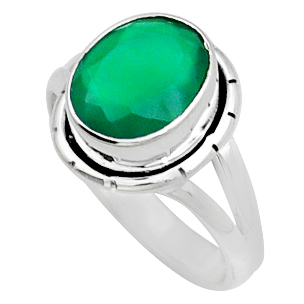 925 silver 3.98cts faceted natural green chalcedony oval ring size 6.5 y13725