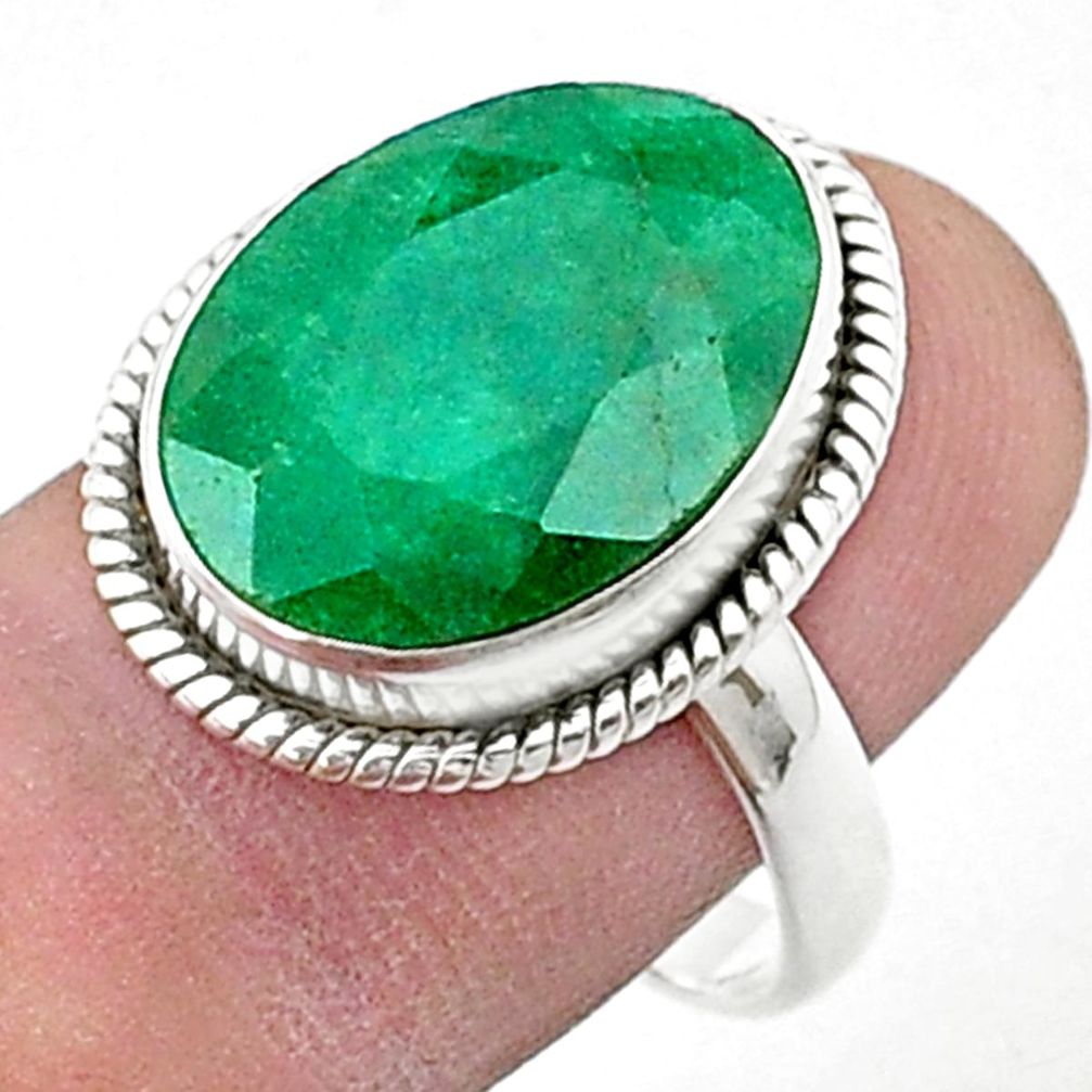 925 silver 10.81cts faceted natural green emerald oval shape ring size 9 u34917