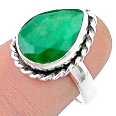 925 silver 7.71cts faceted natural green emerald pear shape ring size 7.5 u34943