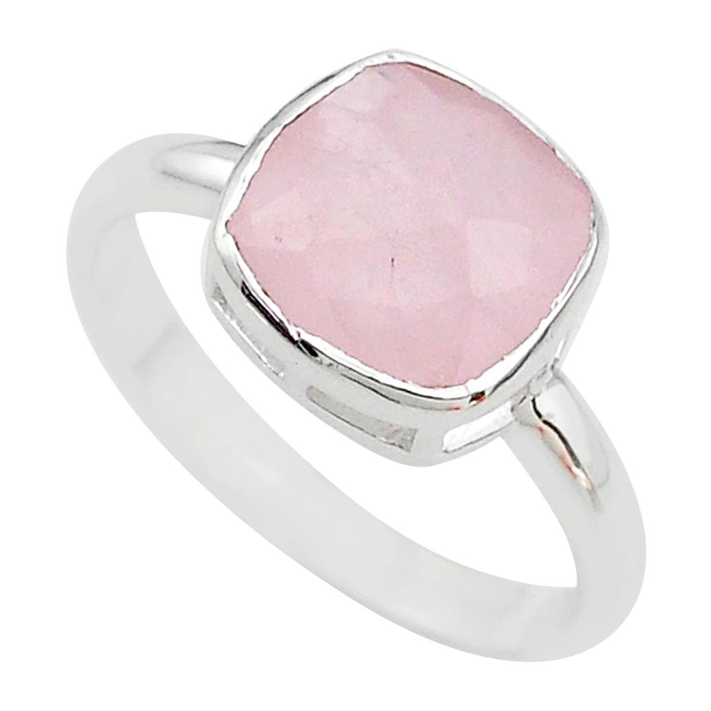 925 silver 5.80cts faceted natural pink rose quartz cushion ring size 9 t12191