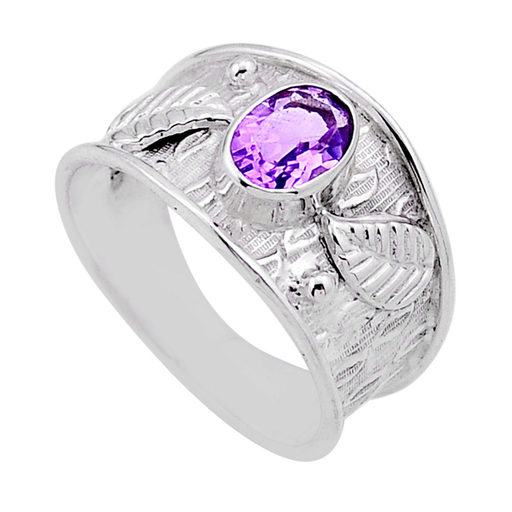 925 silver 1.53cts faceted natural purple amethyst leaf ring size 6.5 n53826