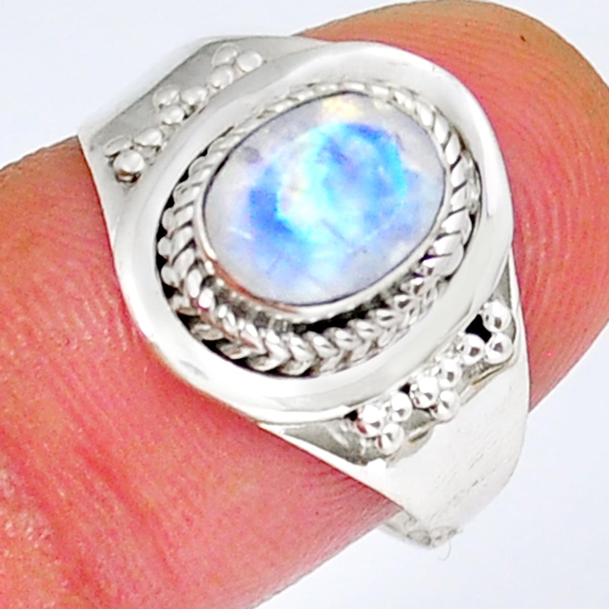 925 Silver Faceted Natural Rainbow Moonstone Oval Ring Y17551 