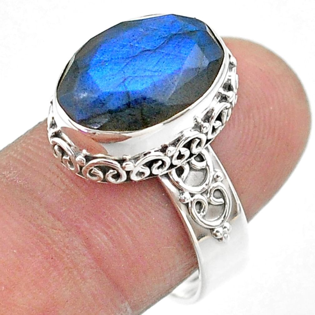 925 silver 6.74cts faceted vnatural blue labradorite oval ring size 8.5 t44832