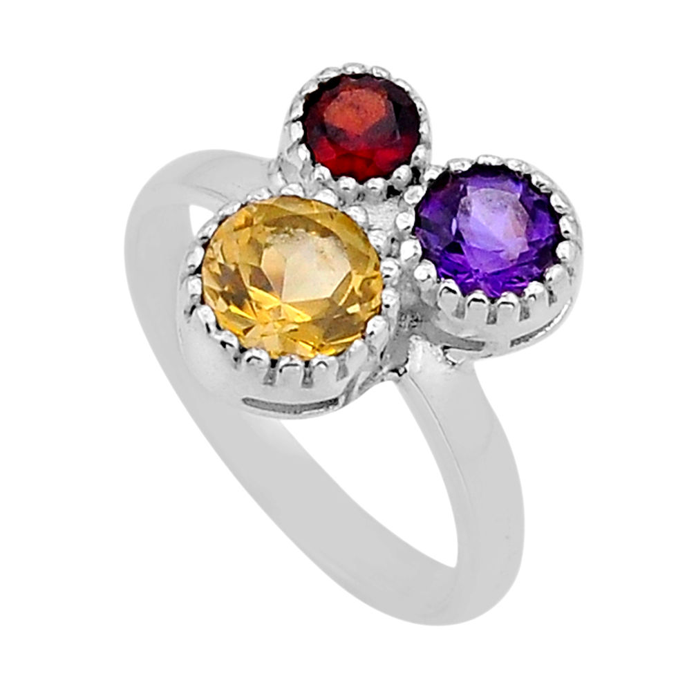925 silver 3.21cts faceted yellow citrine garnet amethyst ring size 6.5 n53936