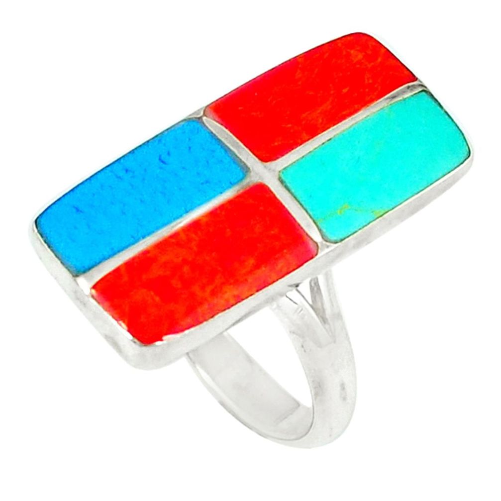 925 silver fine blue turquoise coral enamel ring jewelry size 5.5 a46434 c13596