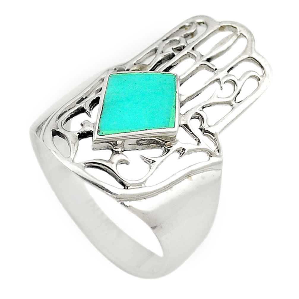 LAB 925 silver fine blue turquoise hand of god hamsa ring jewelry size 8.5 c21649