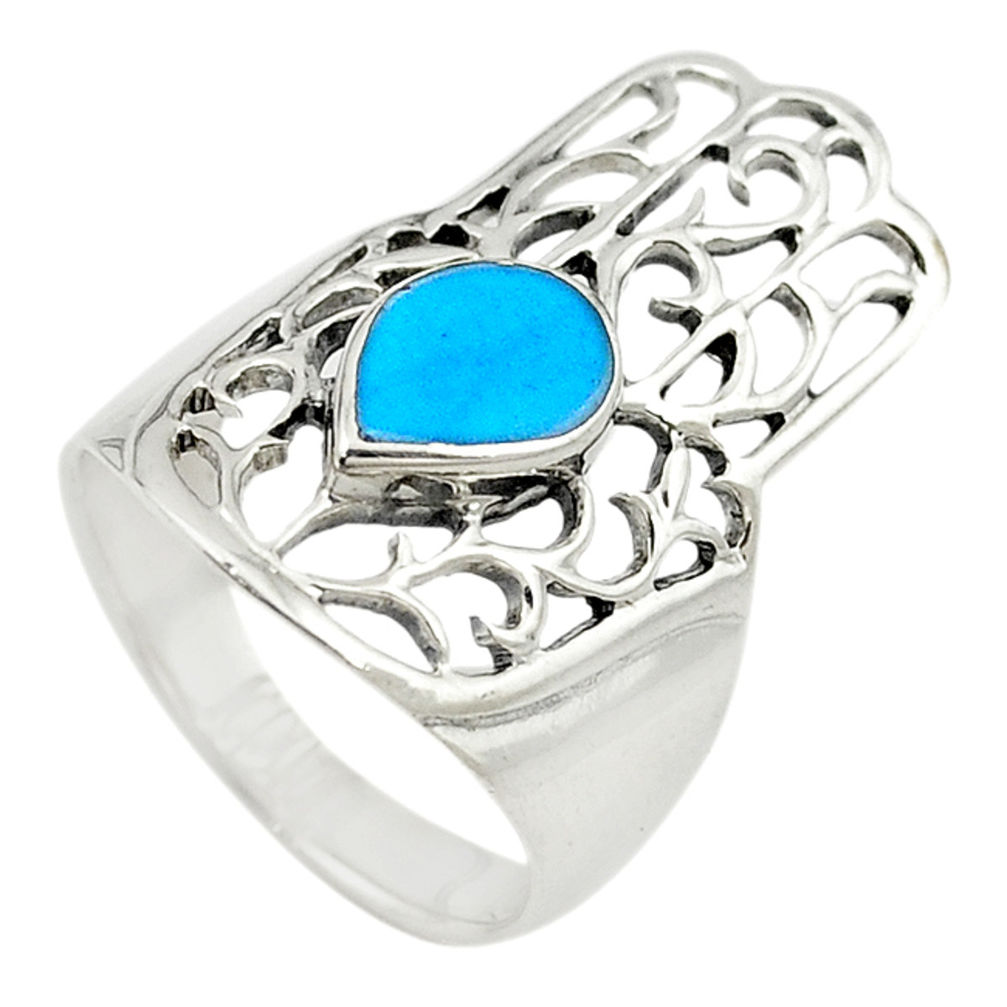 LAB 925 silver fine blue turquoise hand of god hamsa ring jewelry size 5.5 c21660