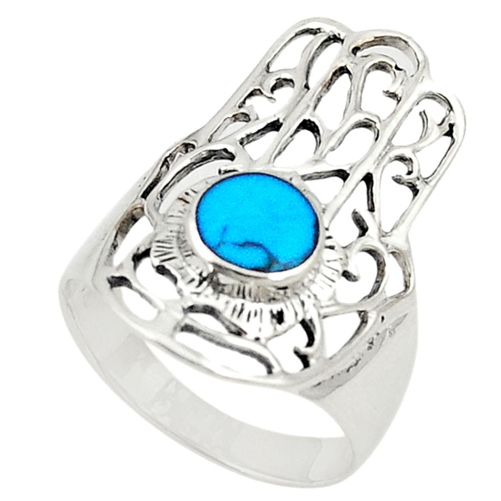 LAB 925 silver fine blue turquoise hand of god hamsa ring jewelry size 5.5 c26158