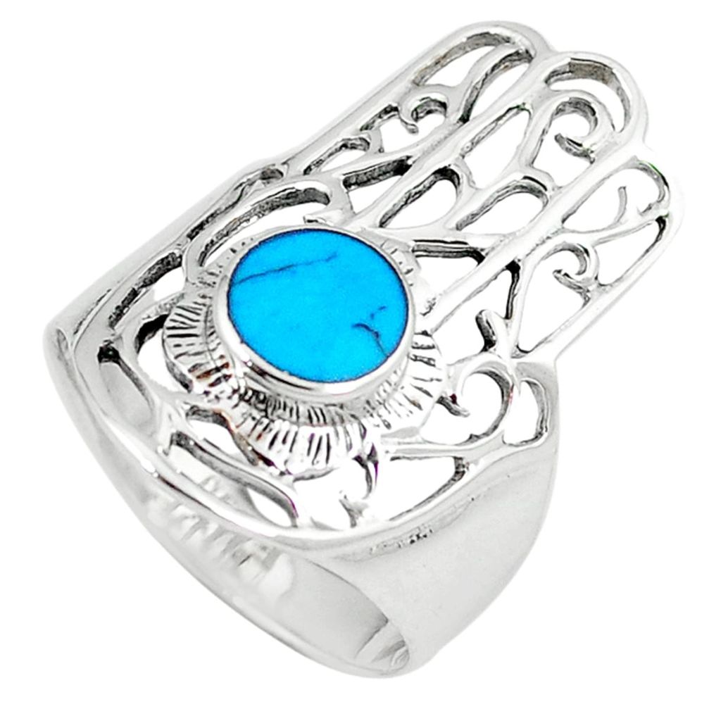 925 silver fine blue turquoise hand of god hamsa ring jewelry size 6 c12098