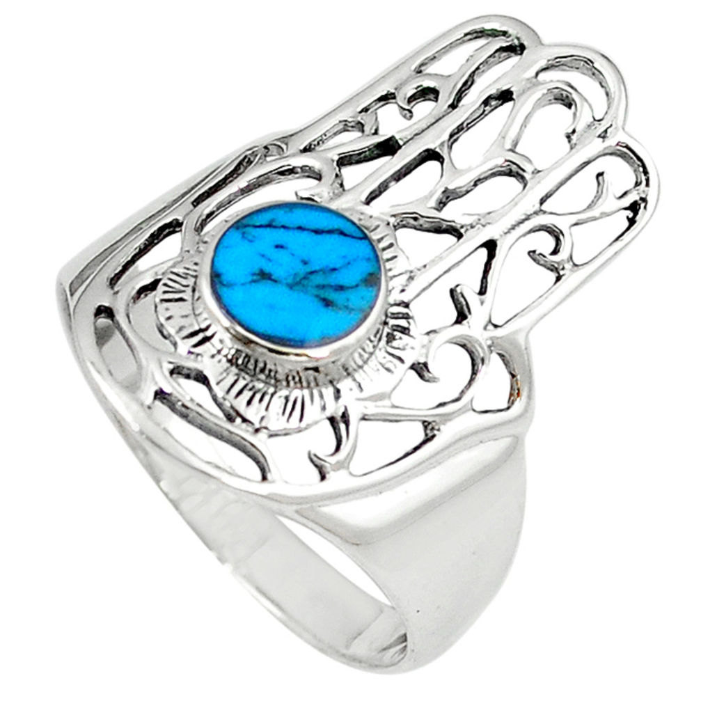 LAB 925 silver fine blue turquoise hand of god hamsa ring jewelry size 7 c12088