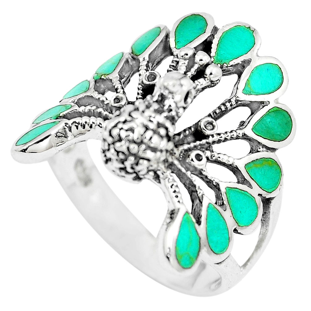 LAB 925 silver 7.26gms fine green turquoise enamel peacock ring size 9.5 c12415