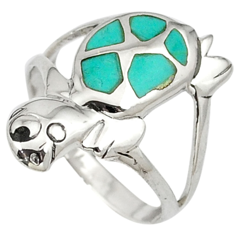 925 silver fine green turquoise enamel tortoise ring jewelry size 7.5 c11931