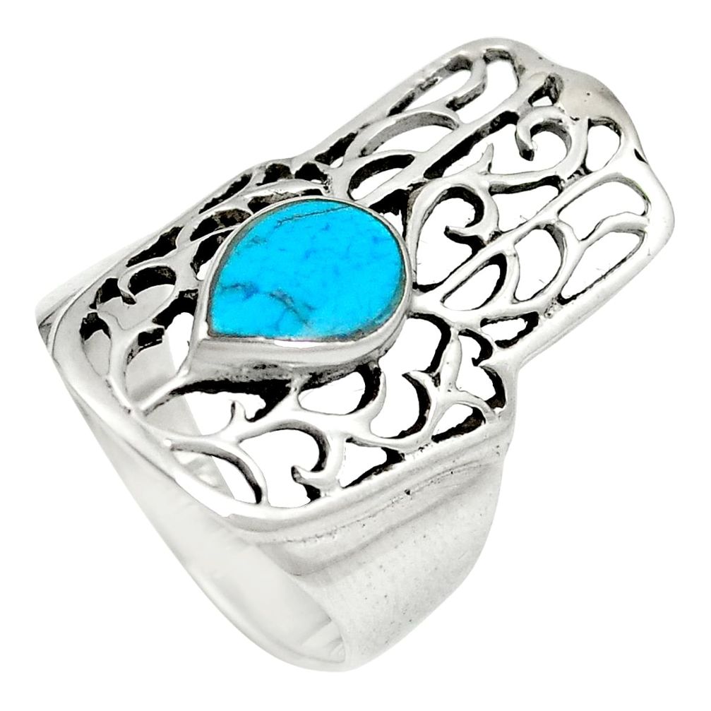 925 silver fine green turquoise hand of god hamsa ring size 5.5 c12087