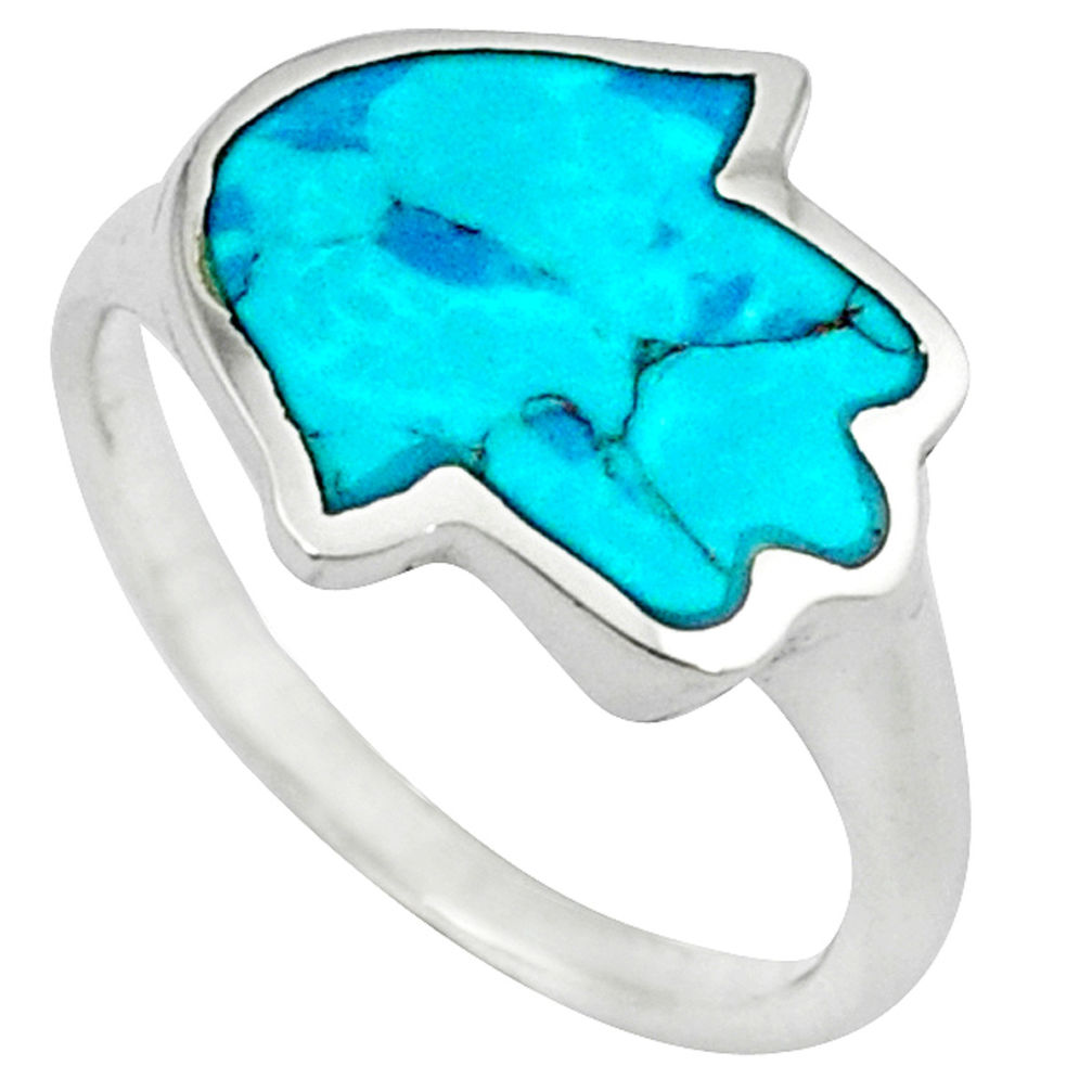 LAB 925 silver fine green turquoise hand of god hamsa ring jewelry size 6.5 c10733