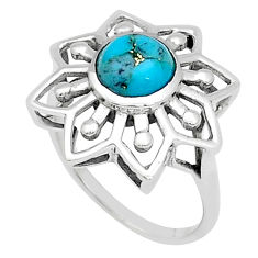 925 silver 2.23cts flower blue copper turquoise round shape ring size 7 u75875