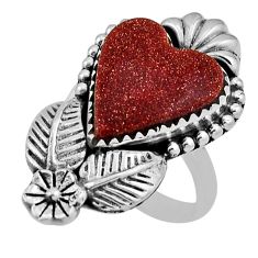 925 silver 8.93cts flower with leaf brown goldstone heart ring size 6.5 n33285