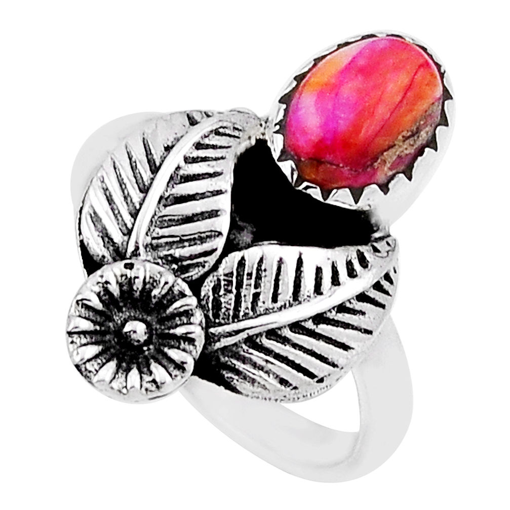 925 silver flower with leaf spiny oyster arizona turquoise ring size 5.5 n33343