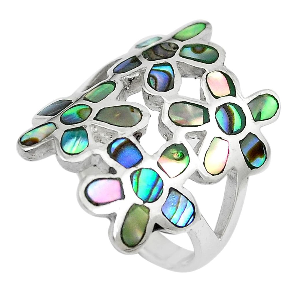925 silver 5.89gms green abalone paua seashell flower ring size 5.5 c12614