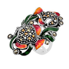 925 silver 9.24gms green orange enamel natural marcasite ring size 5.5 y66267