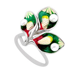 925 silver 1.30cts green red yellow enamel natural pearl ring size 9 y65030