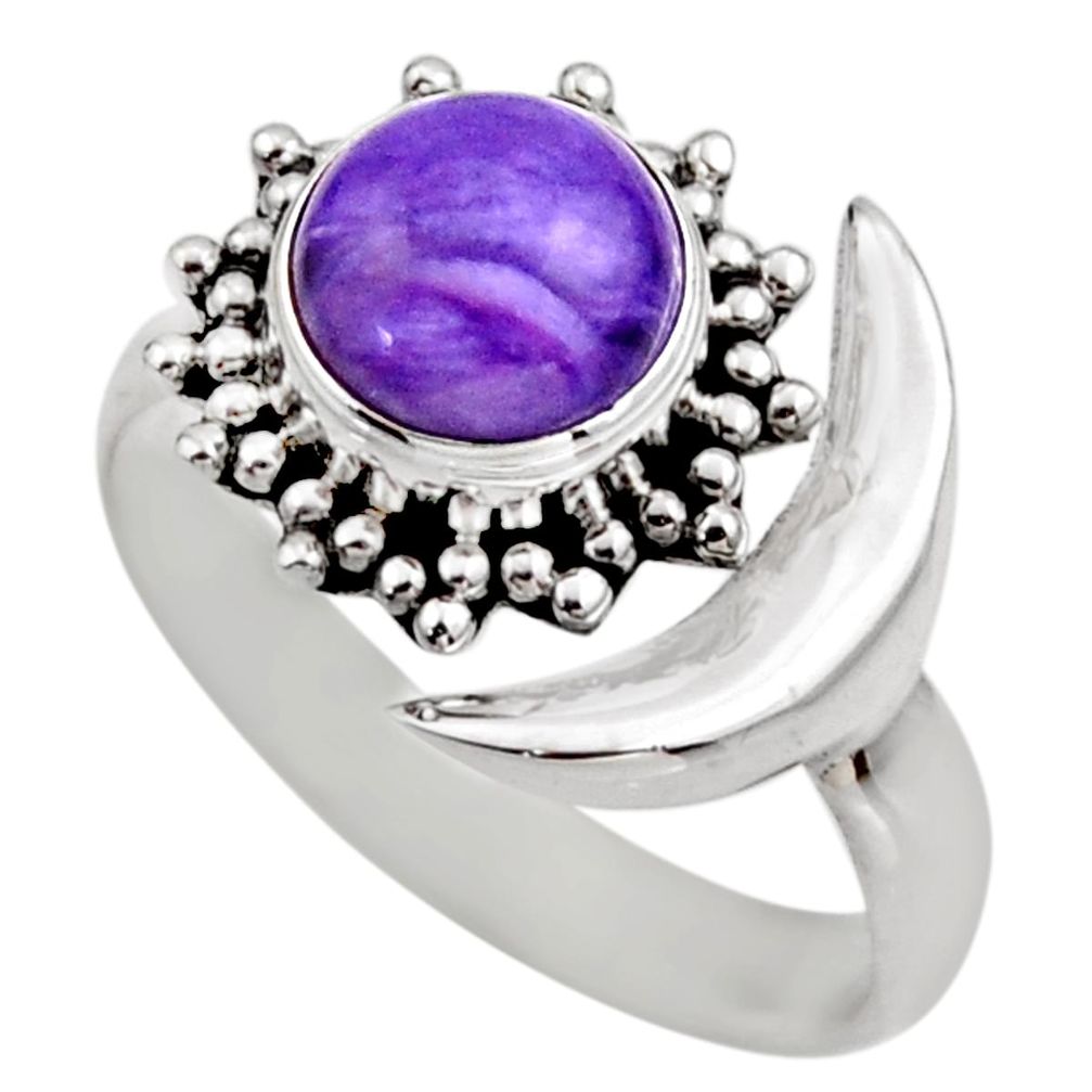 925 silver 3.02cts half moon natural charoite adjustable ring size 6.5 r53213