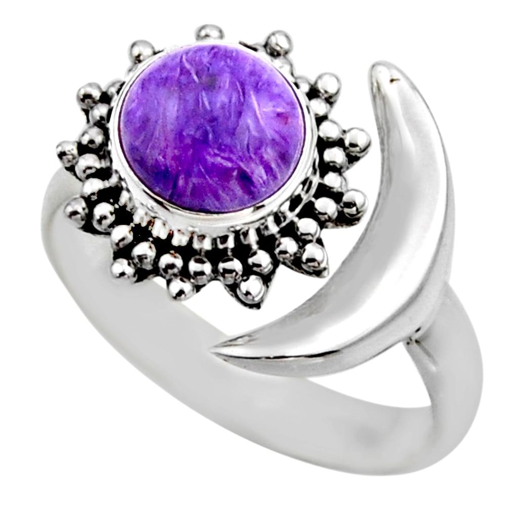 925 silver 3.02cts half moon natural charoite adjustable ring size 7.5 r53216