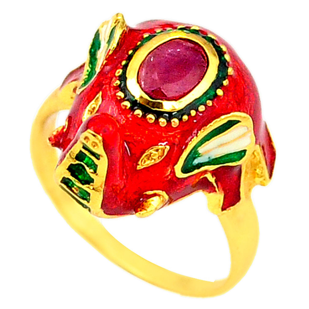 LAB 925 silver handmade natural ruby enamel gold elephant thai ring size 8 c21094
