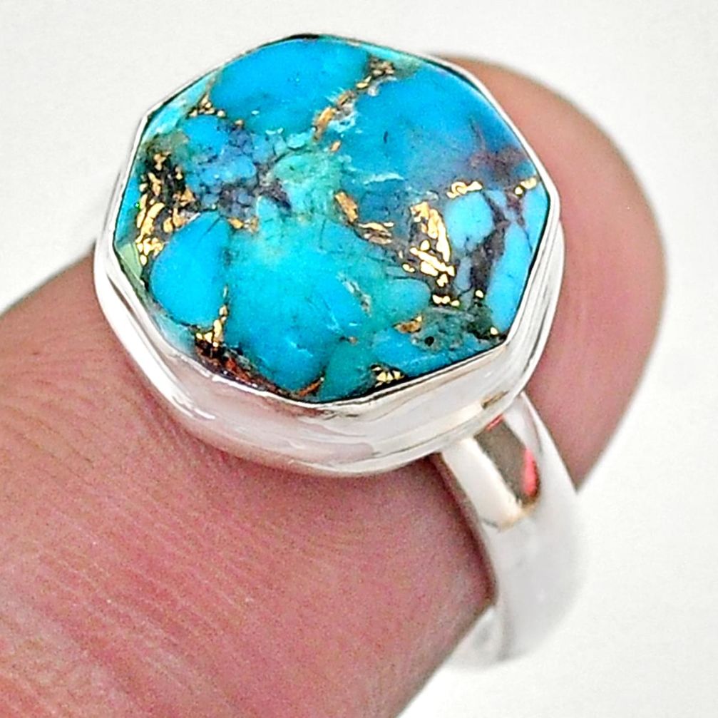 925 silver 5.95cts hexagon blue copper turquoise solitaire ring size 6 t48385