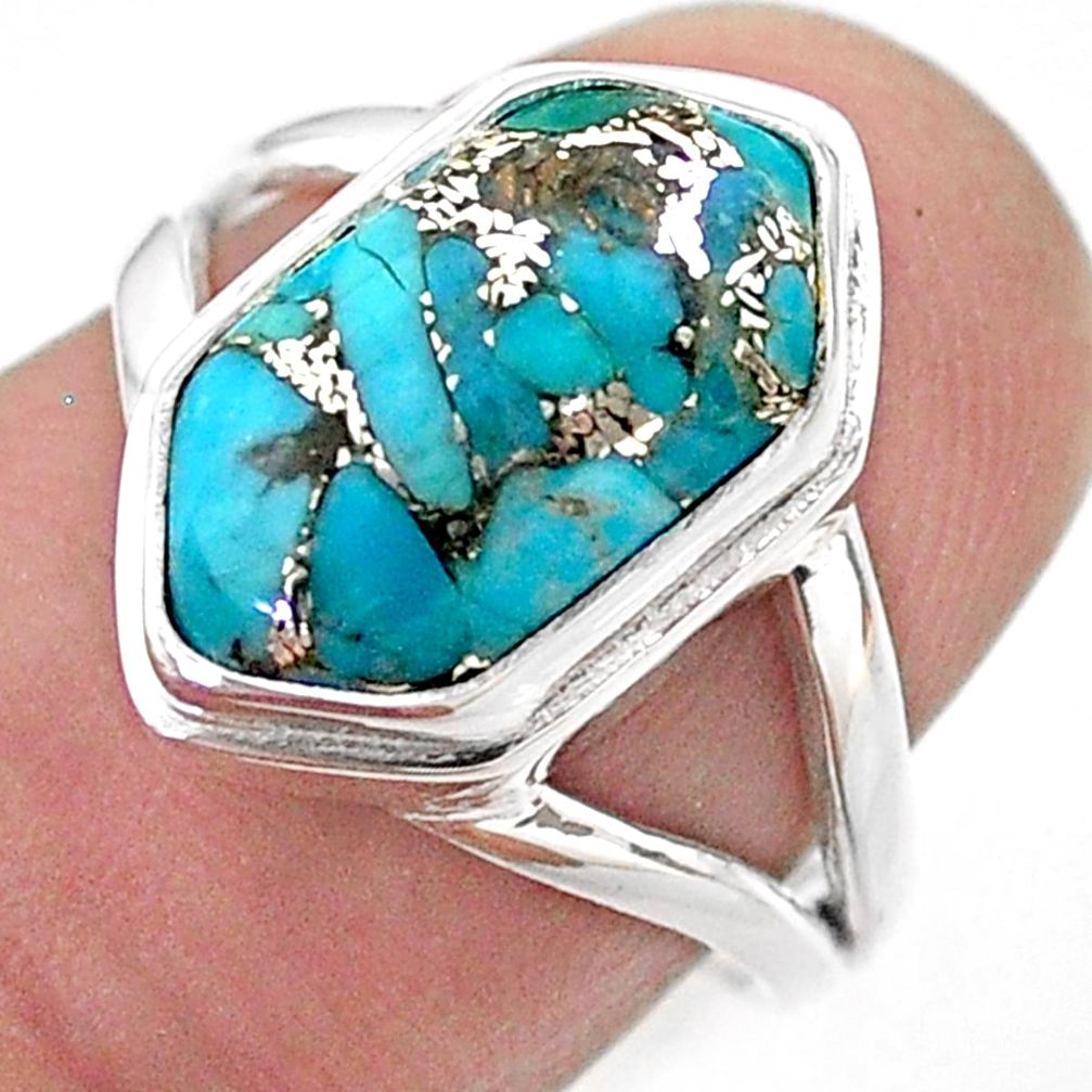 925 silver 6.07cts hexagon blue copper turquoise solitaire ring size 7 t48565