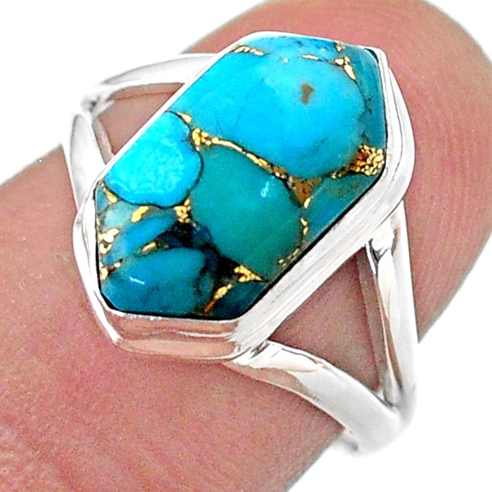 925 silver 4.75cts hexagon blue copper turquoise solitaire ring size 7 t48608