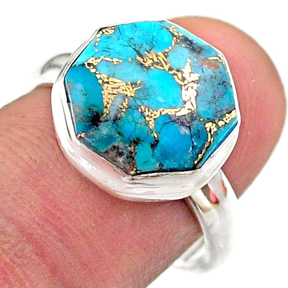 925 silver 6.05cts hexagon blue copper turquoise solitaire ring size 8 t48357