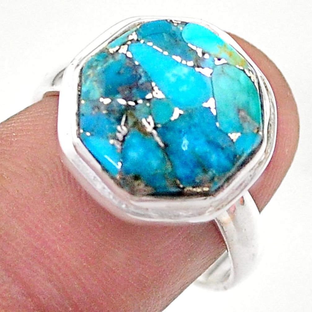 925 silver 7.54cts hexagon blue copper turquoise solitaire ring size 7.5 t48290