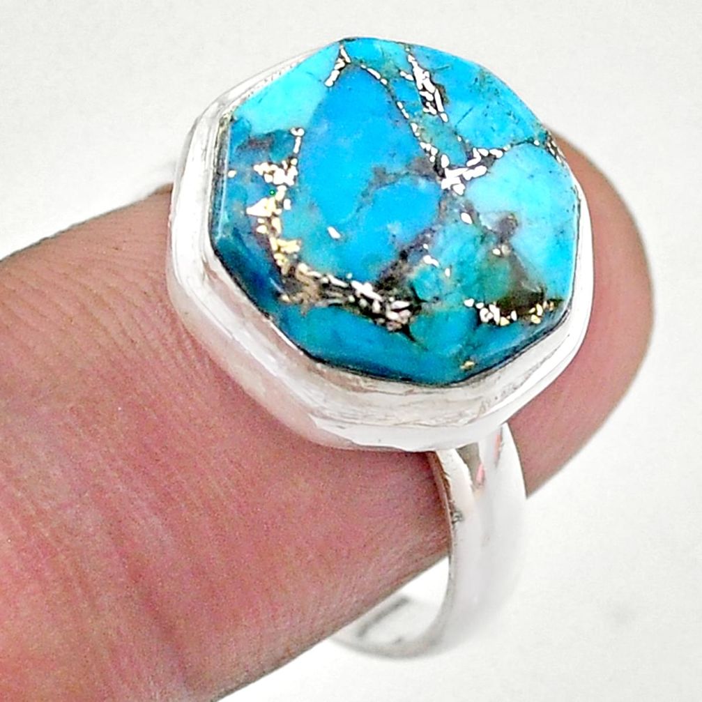 925 silver 7.17cts hexagon blue copper turquoise solitaire ring size 8.5 t48331