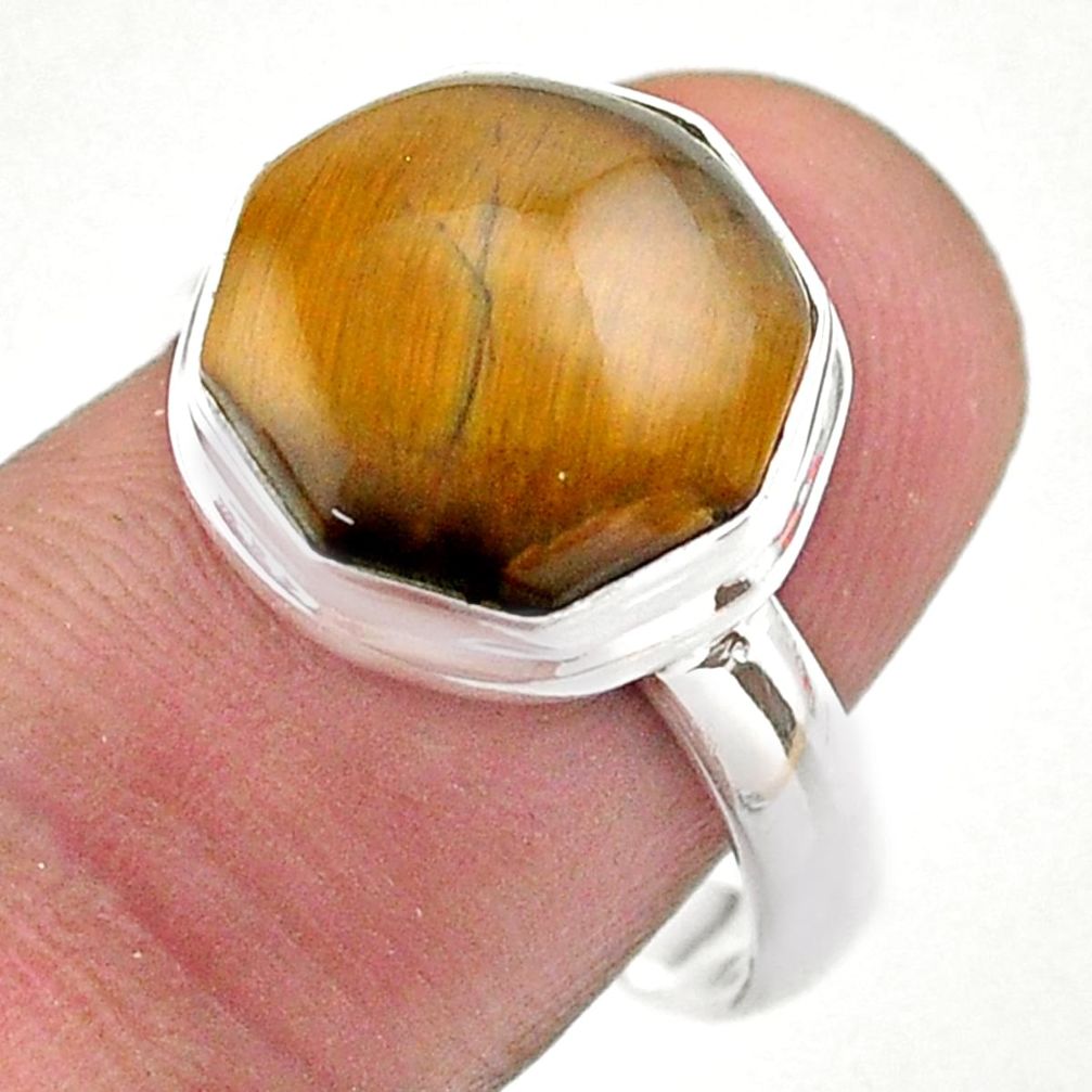 925 silver 5.94cts hexagon natural tiger's eye solitaire ring size 8 t48365