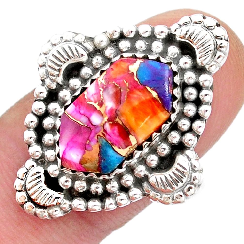 925 silver 6.02cts hexagon Pink spiny oyster arizona turquoise ring size 9.5 u52568
