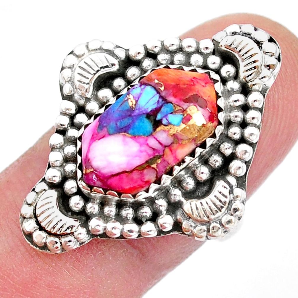 925 silver 6.03cts hexagon Pink spiny oyster arizona turquoise ring size 6.5 u52575