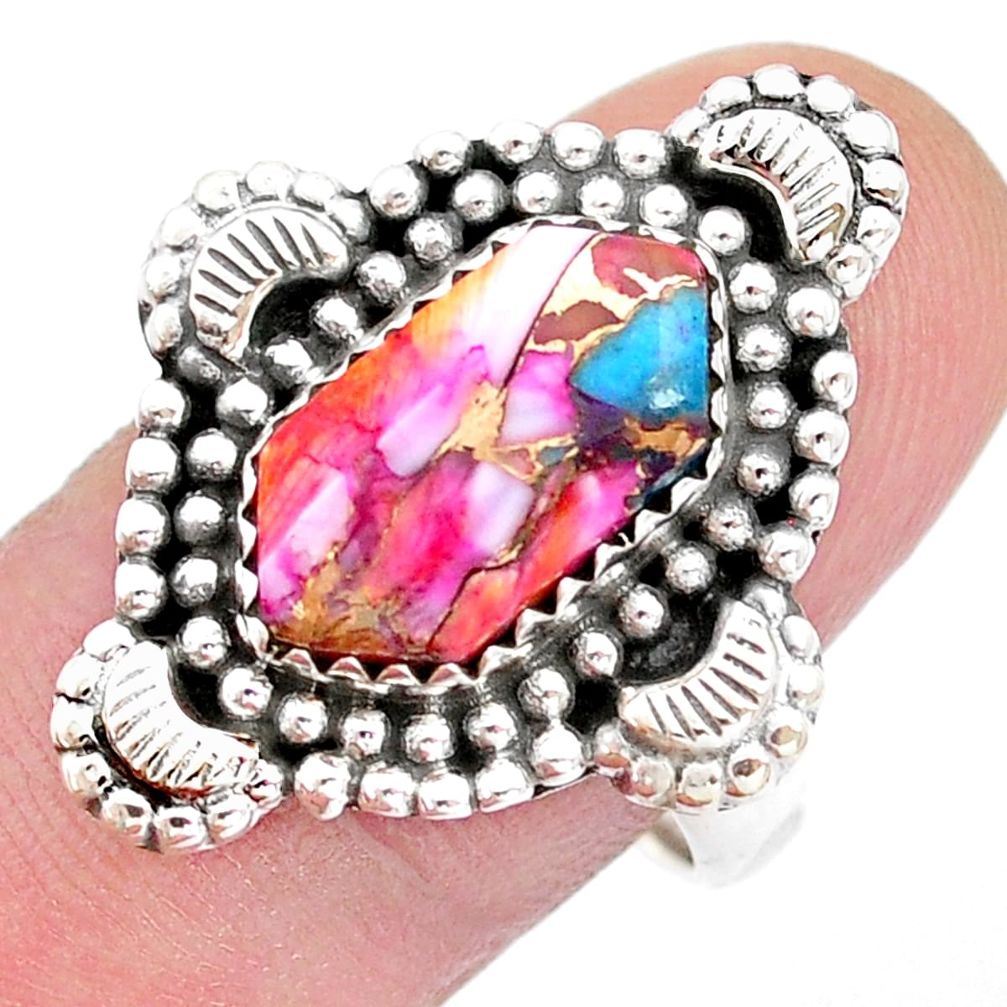 925 silver 6.07cts hexagon Pink spiny oyster arizona turquoise ring size 9.5 u52580