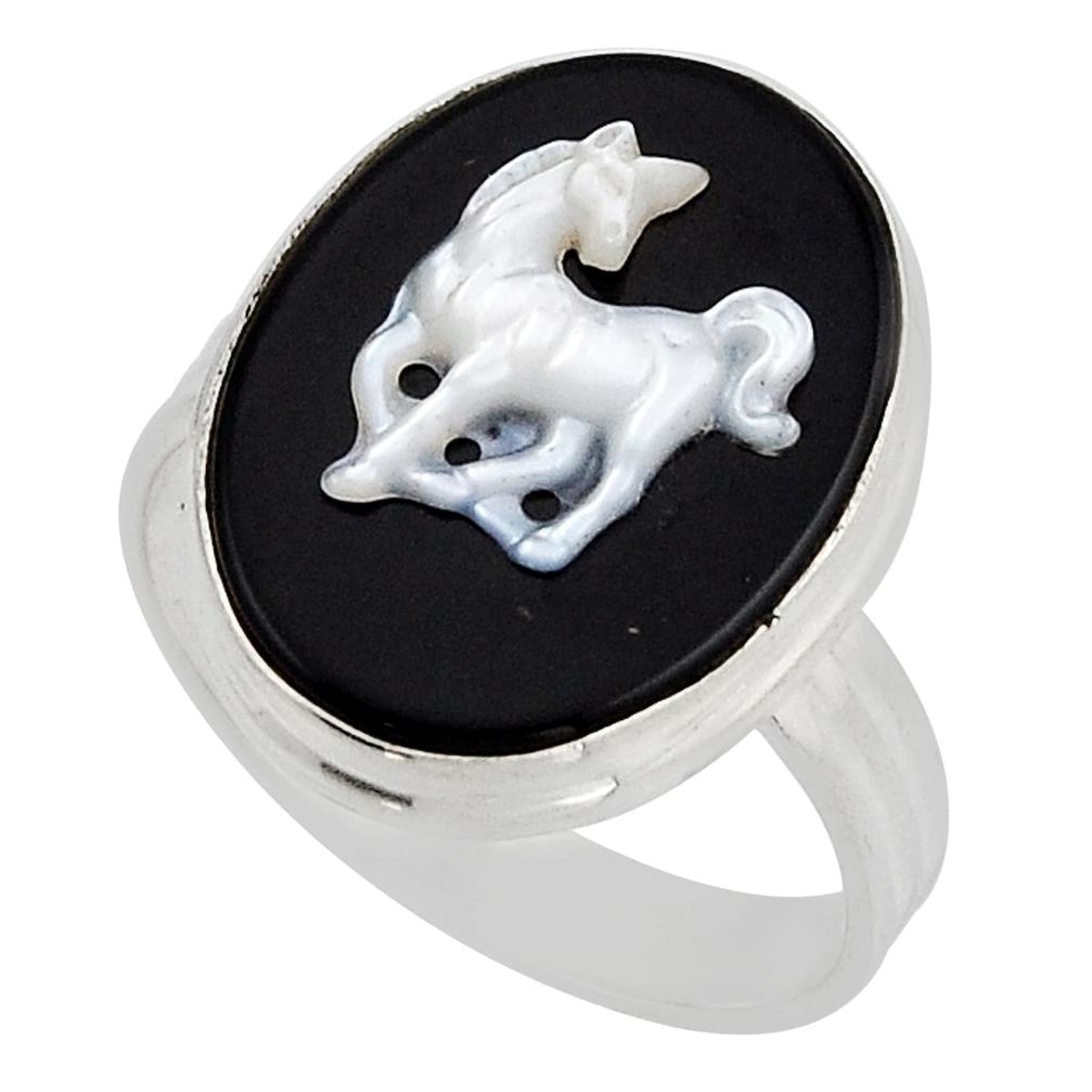 925 silver 12.52cts horse black opal cameo on black onyx oval ring size 11 n6727