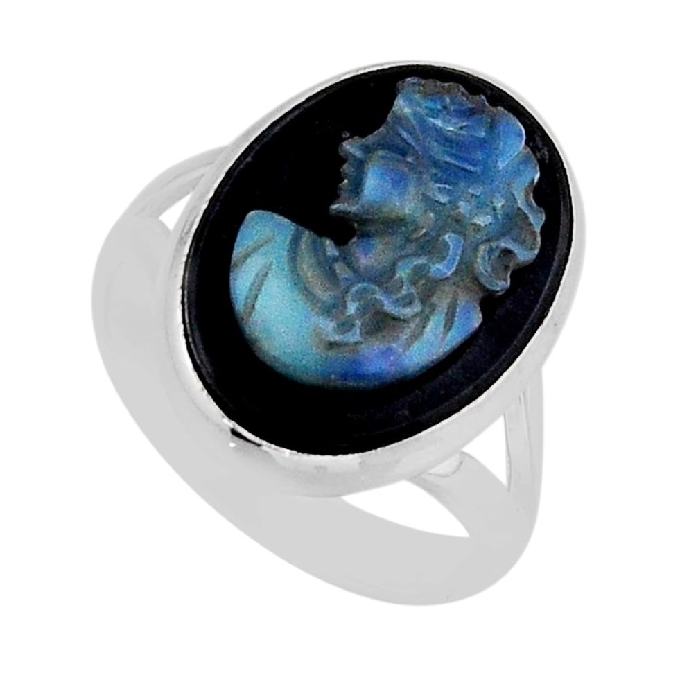 925 silver 9.99cts lady face opal cameo on black onyx ring jewelry size 8 y72059