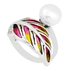 925 silver 5.01cts leaf natural white pearl yellow enamel ring size 7 c29710